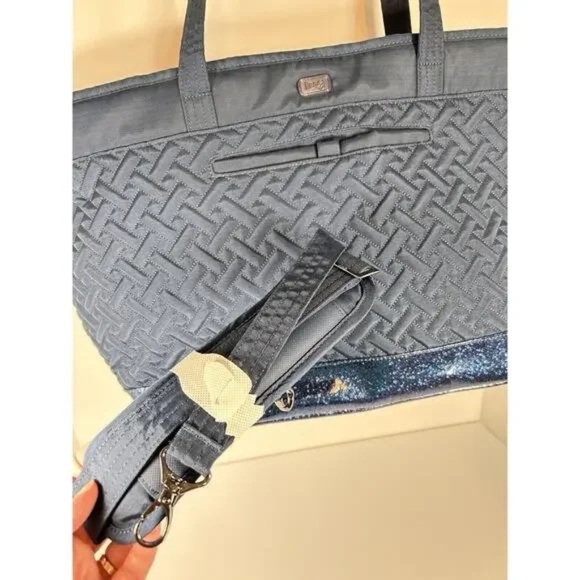 Lug Avion Navy Blue Convertible Tote Bag Quilted Overnighter Travel Glitter - Picture 3 of 14